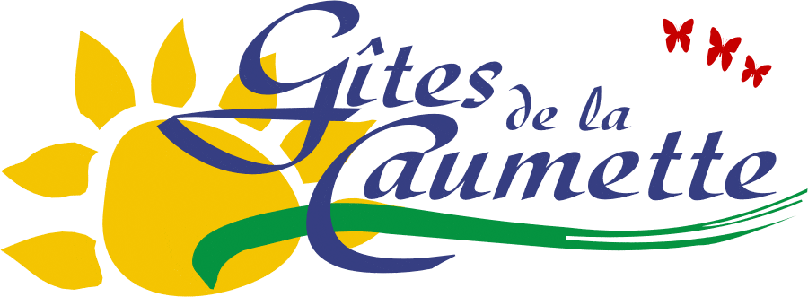 Logo des Gîtes de la Caumette avec piscine dans l’Hérault, vue aérienne du domaine.