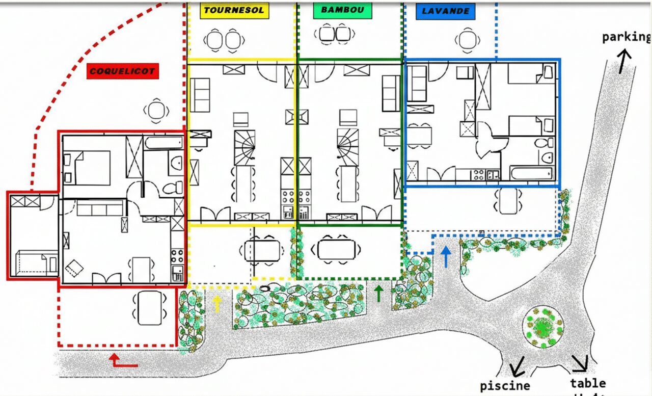 Gîtes de la Caumette avec piscine dans l’Hérault, plan au sol du rez de chaussée.