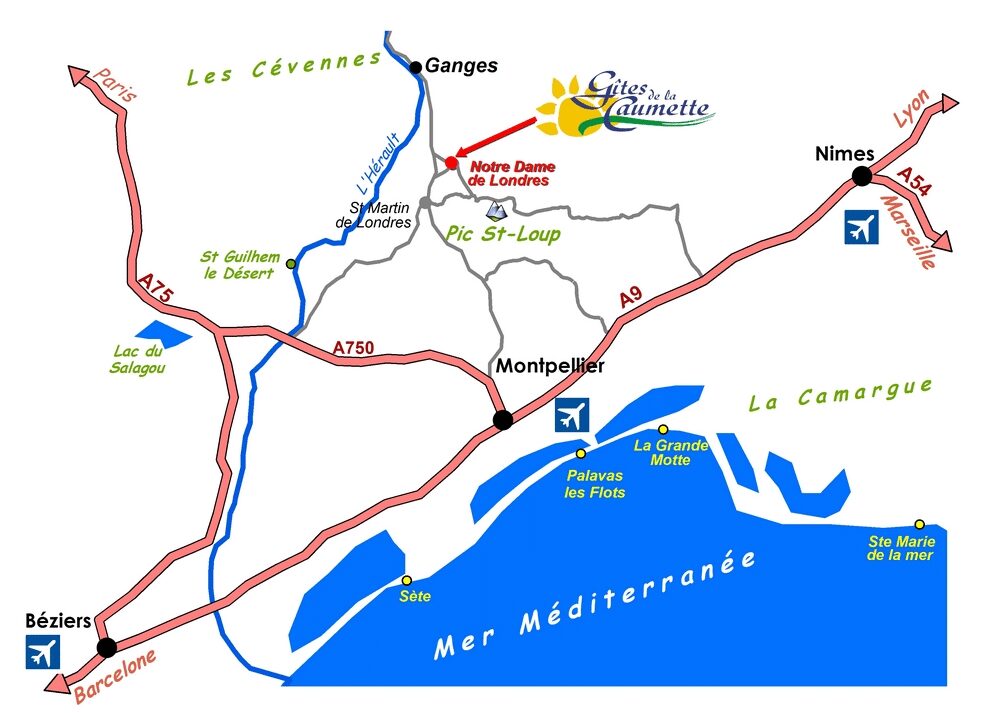Plan Itinéraire pour les Gîtes de la Caumette, location de vacances dans l’Hérault