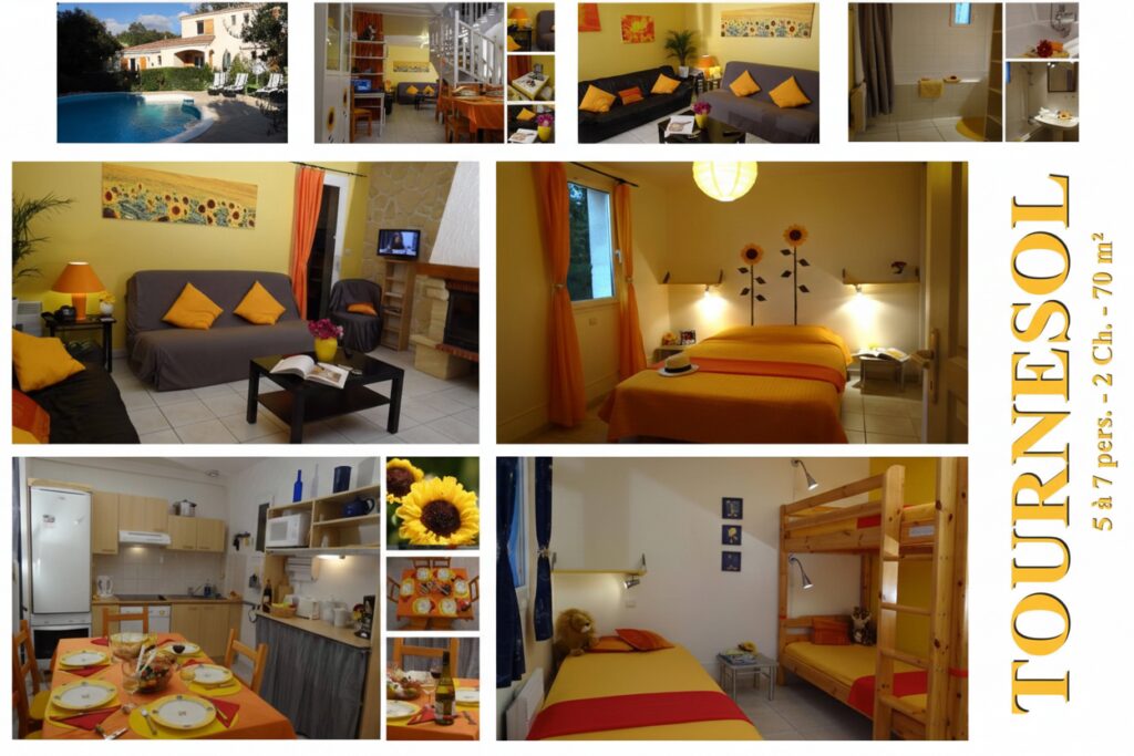 Mixte de photos du Gîte Tournesol aux Gîtes de la Caumette, location de vacances dans l’Hérault