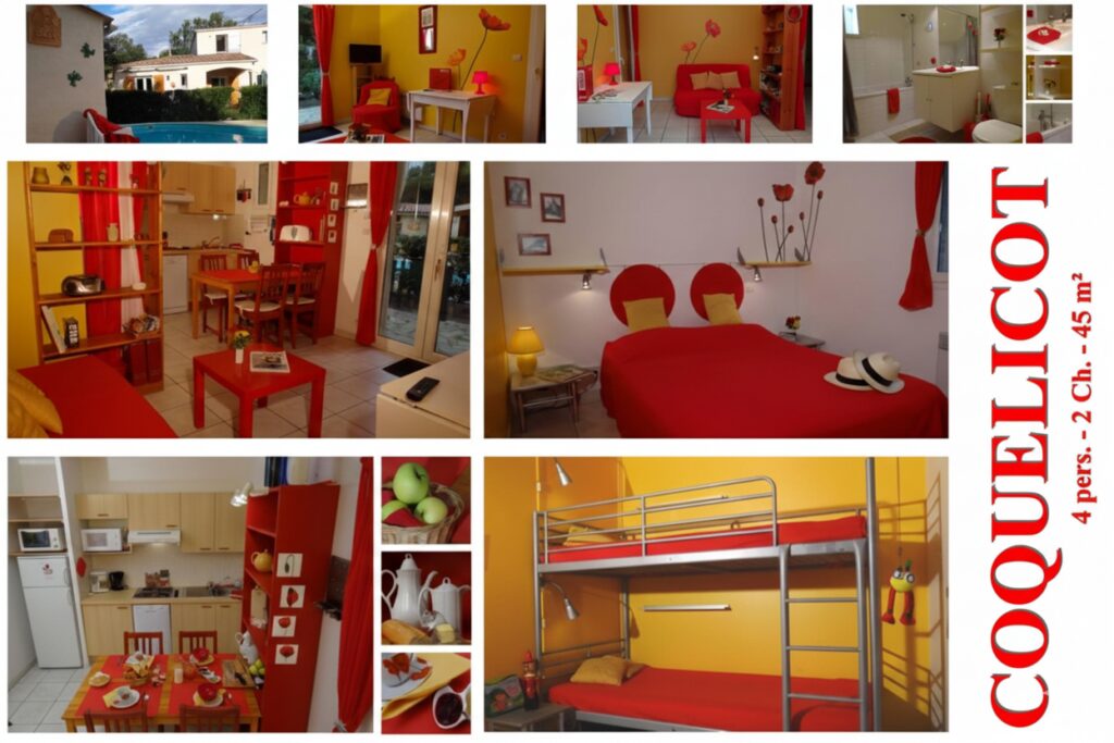 Mixte de photos du Gîte Coquelicot aux Gîtes de la Caumette, location de vacances dans l’Hérault
