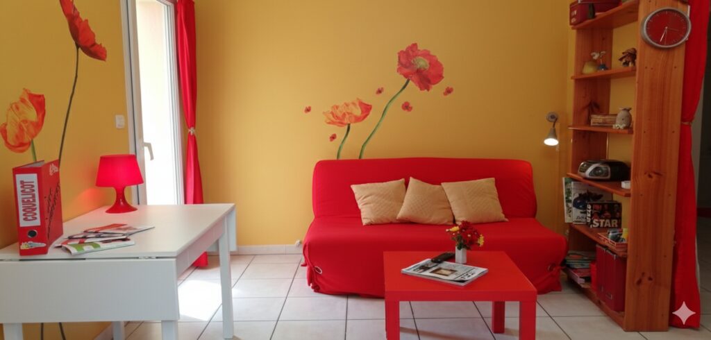 Coin salon du Gîte Coquelicot aux Gîtes de la Caumette, location de vacances dans l’Hérault